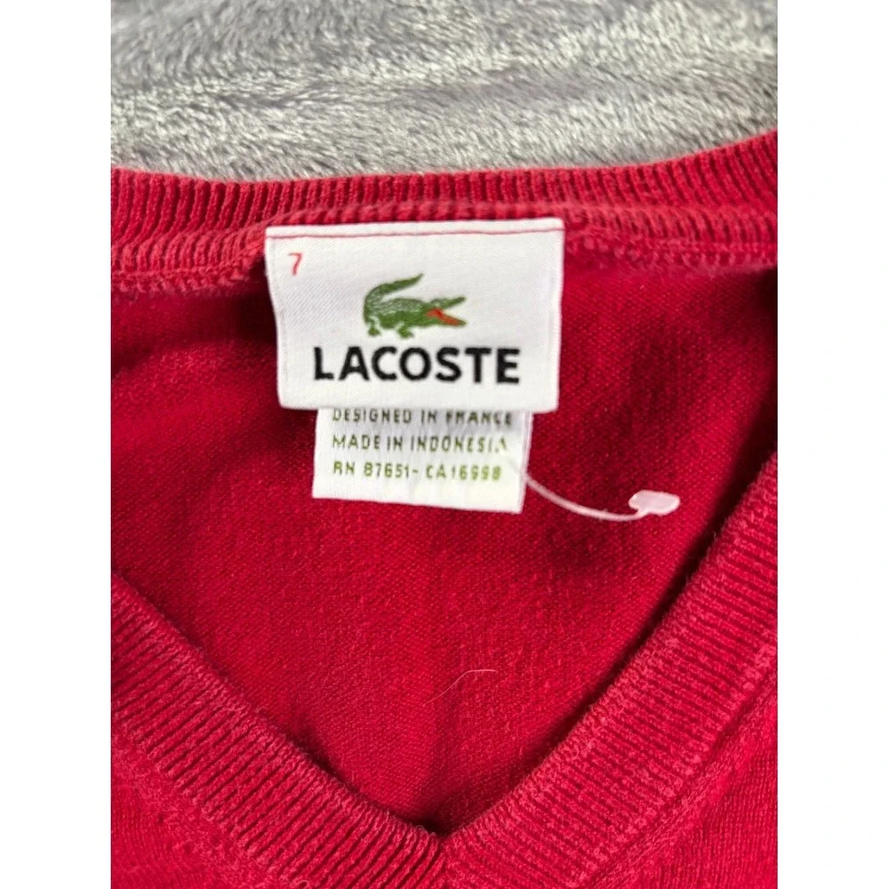 Lacoste Men's V-Neck Sweater Red Cotton Size 7 XL Embroidered Crocodile Logo‎
